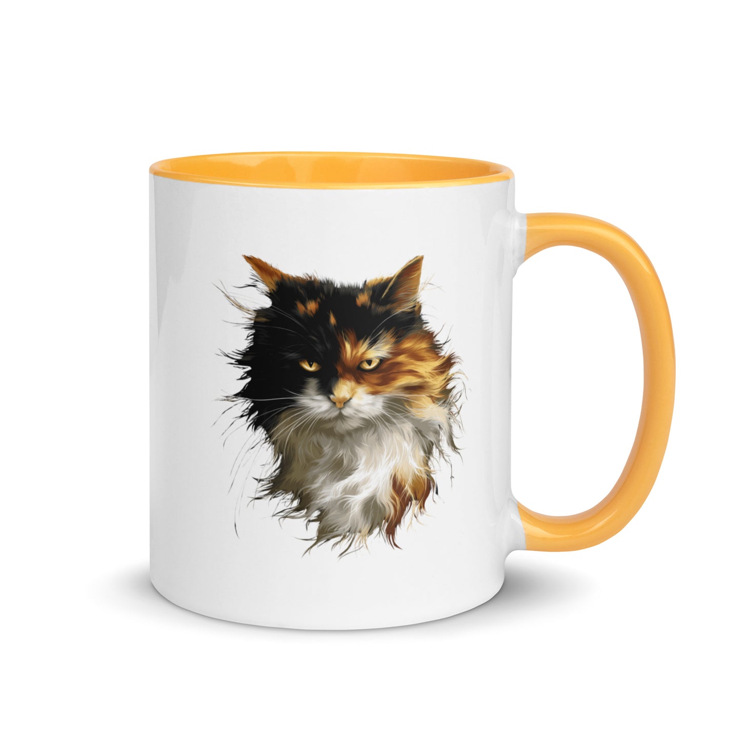 Calico cat coffee mug with warm long-haired cat portrait and gold colored handle