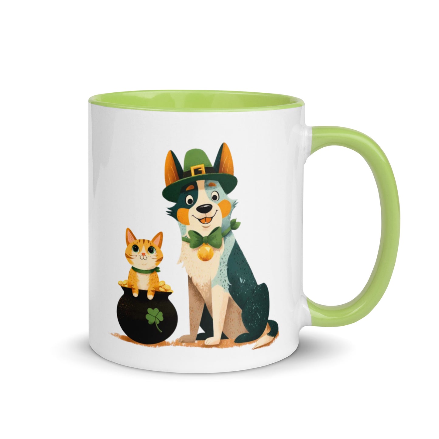 Blue Heeler in leprechaun hat with ginger cat in pot of gold St Patrick’s Day accent mug, green colored handle