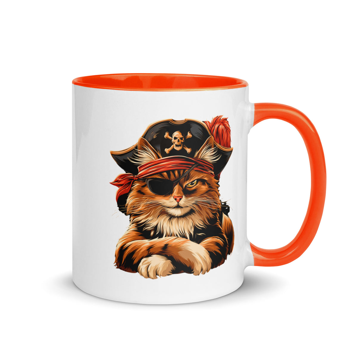 White mug with orange handle showcasing a pirate cat design with a hat and eye patch