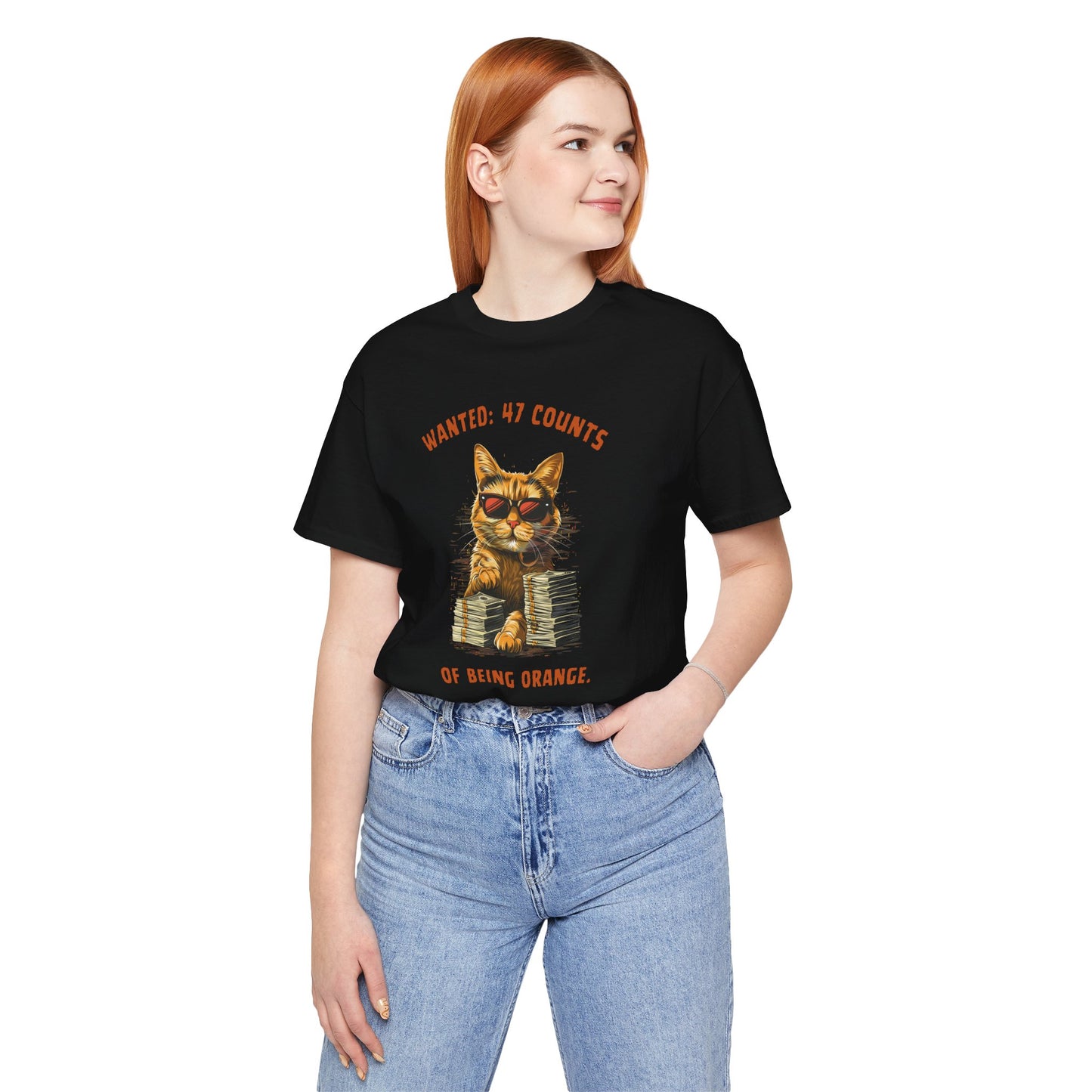 Cat With Sunglasses T‑Shirt - “Wanted: 47 Counts of Being Orange” Cat Graphic Tee