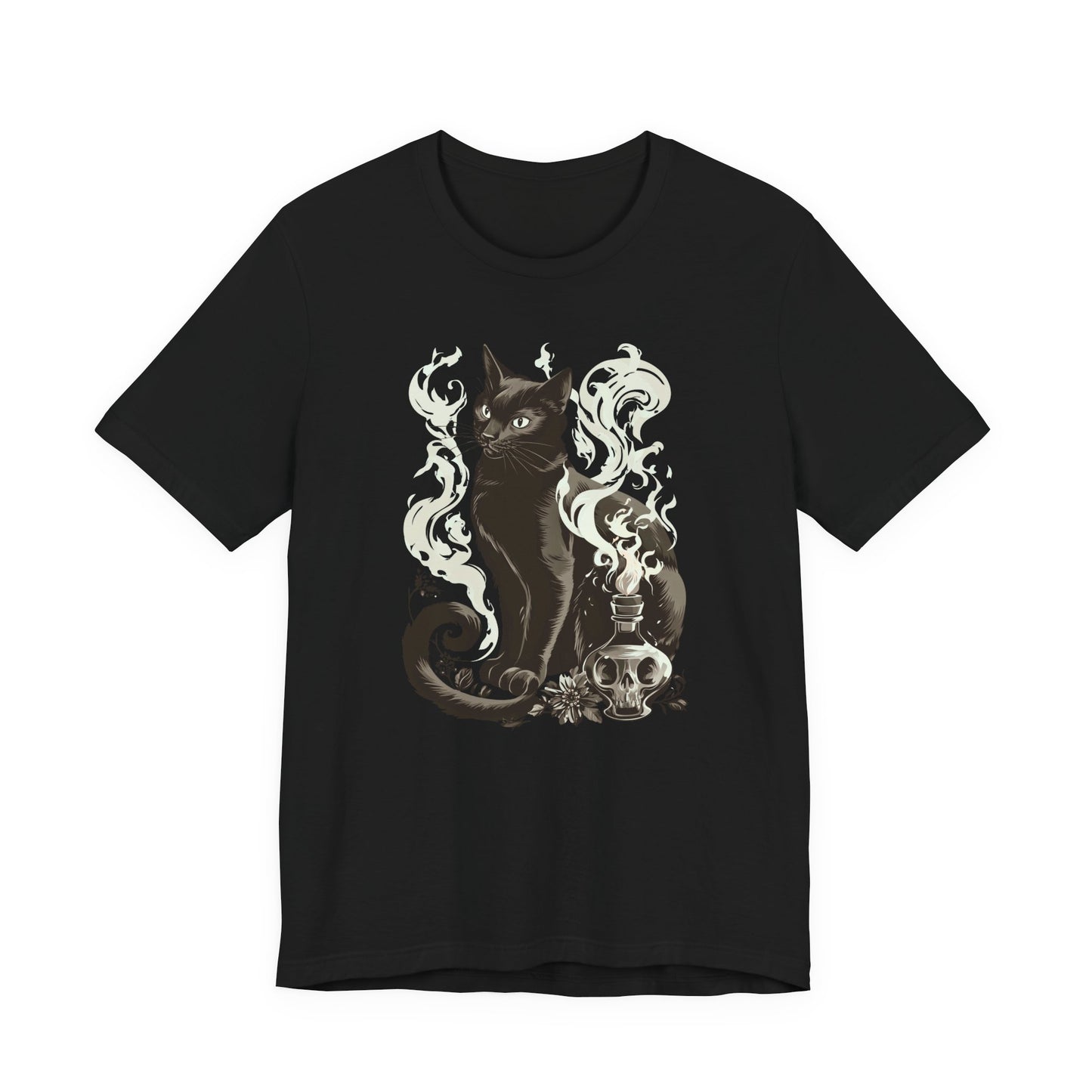A black short-sleeve crewneck t-shirt featuring a gothic-style graphic print of a black cat with white smoke, a skull, and a small cross on a plain white background.