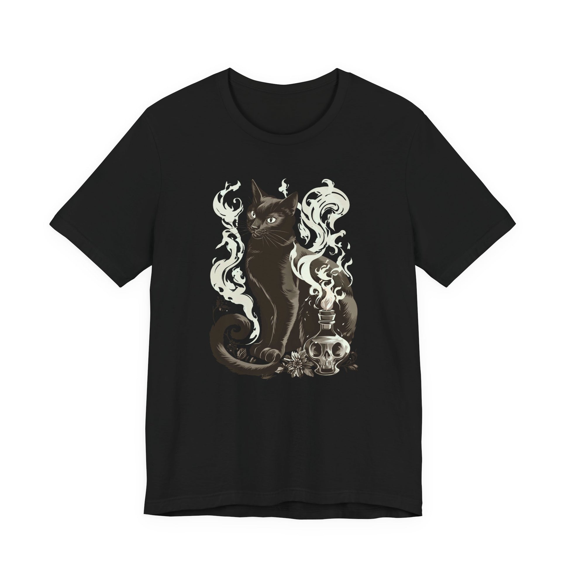 A black short-sleeve crewneck t-shirt featuring a gothic-style graphic print of a black cat with white smoke, a skull, and a small cross on a plain white background.