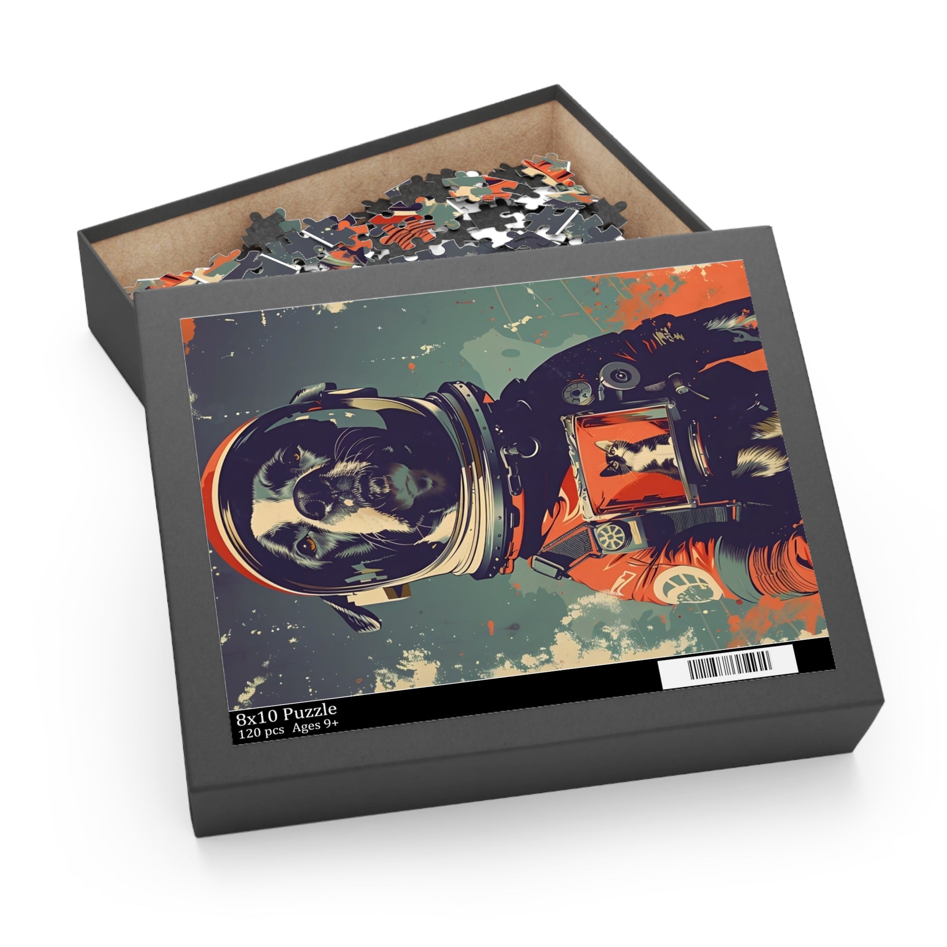 Jigsaw puzzle box with a space-themed design on a white background