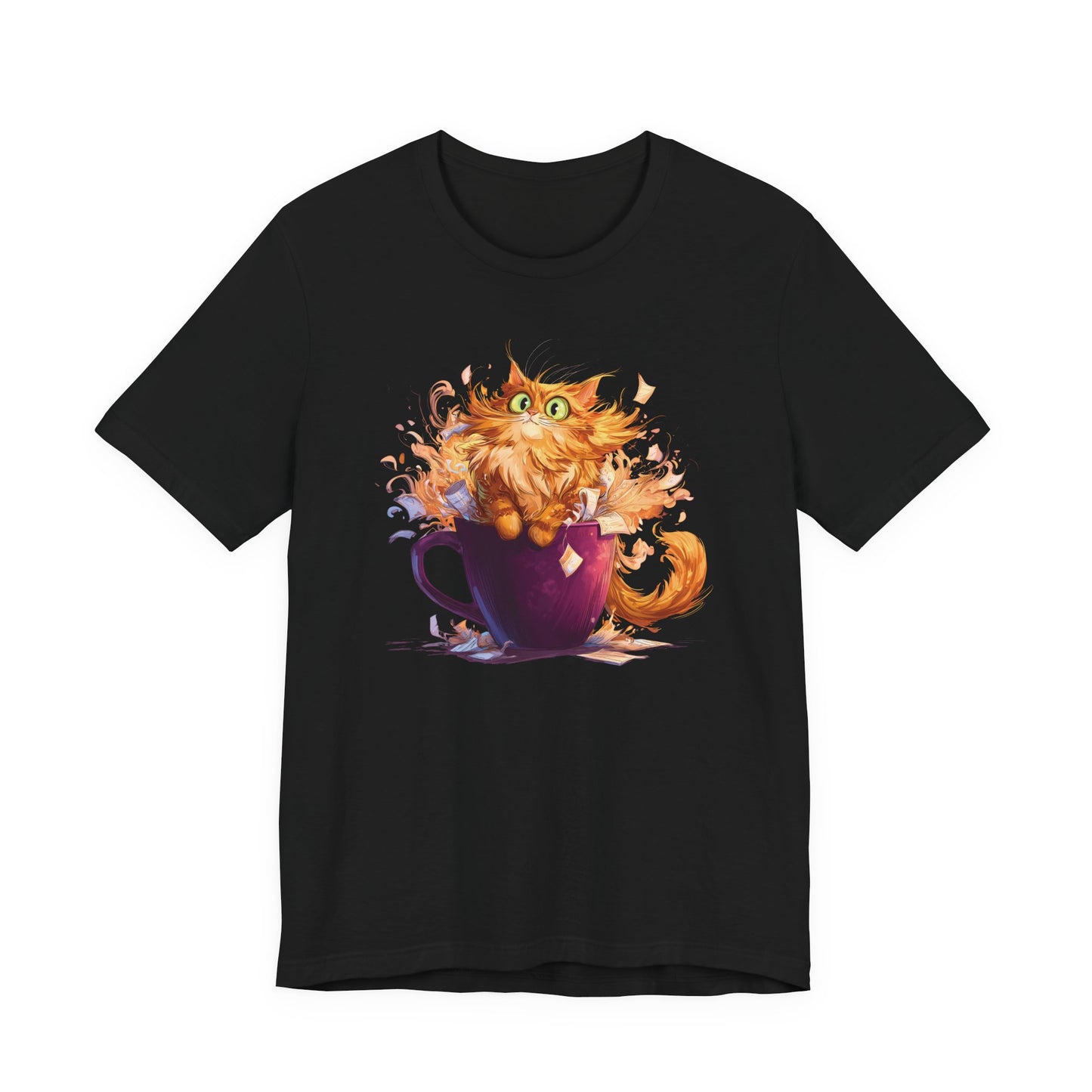 A black short-sleeve crewneck t-shirt featuring a colorful graphic print of an orange tabby cat bursting out of a purple teacup with tea splashing around it.