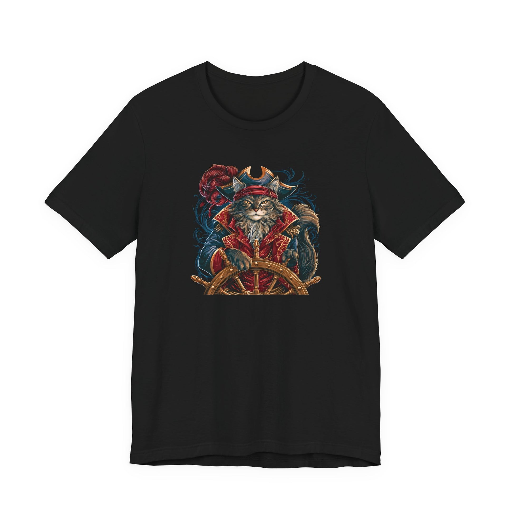 Black tee featuring a cat dressed as a pirate at the ship's wheel