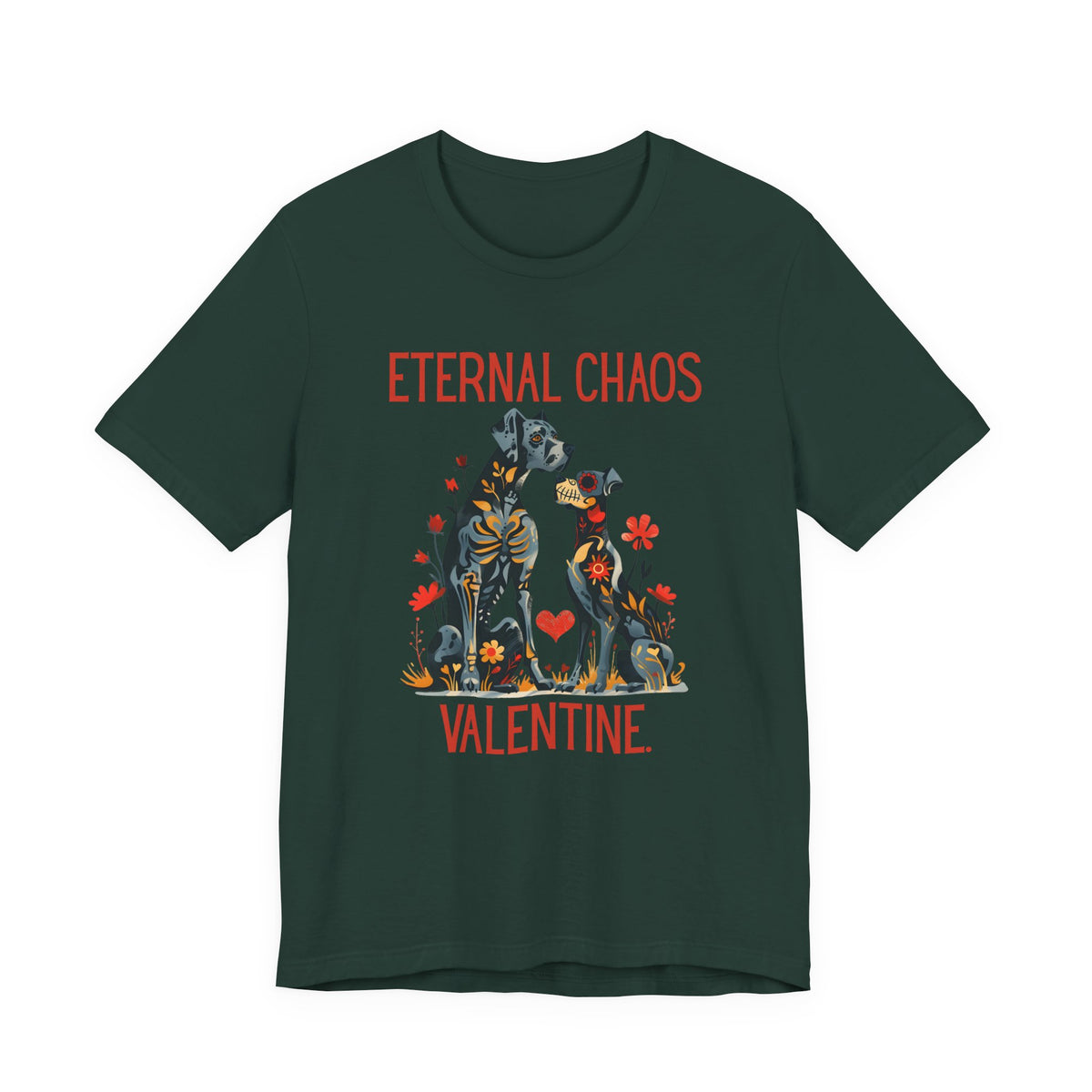 Dark green t-shirt featuring gothic floral dog graphic with text 'ETERNAL CHAOS VALENTINE.'