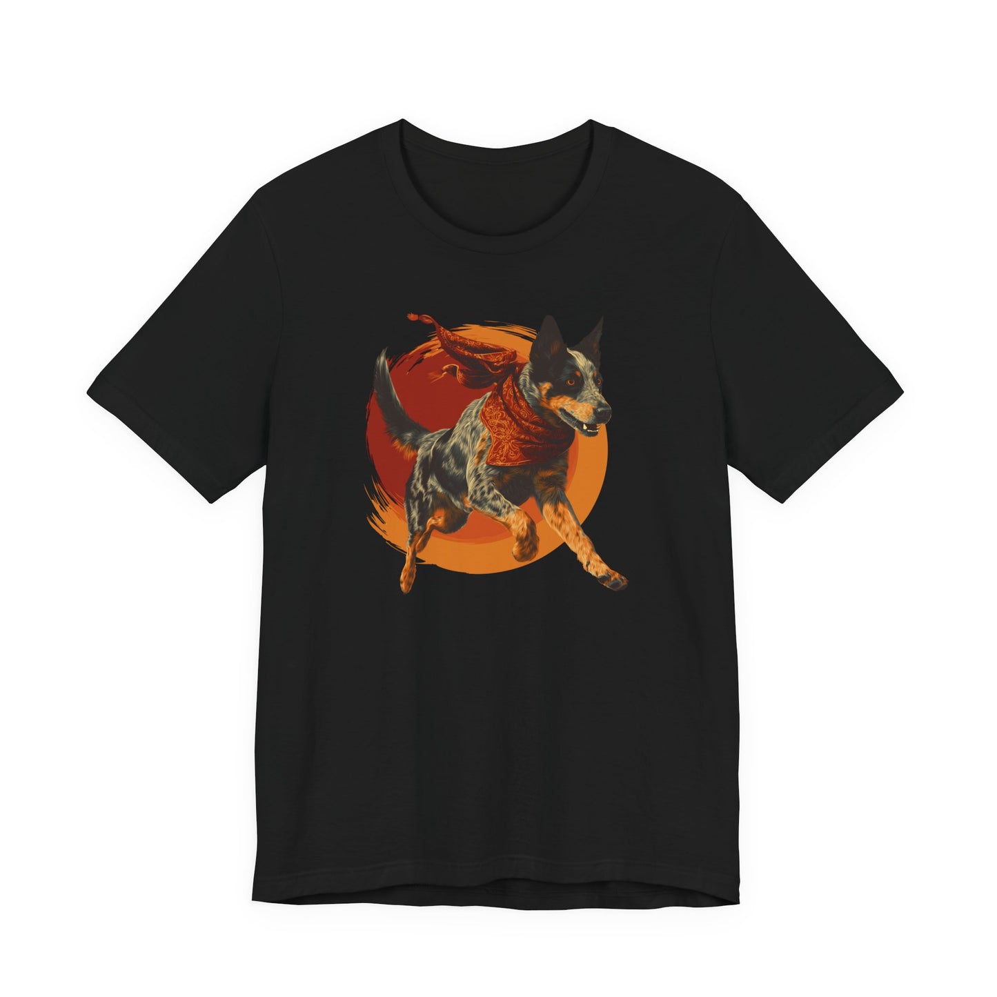 A black short-sleeve crewneck t-shirt featuring a graphic print of an Australian Cattle Dog running in front of a large orange and red sun.