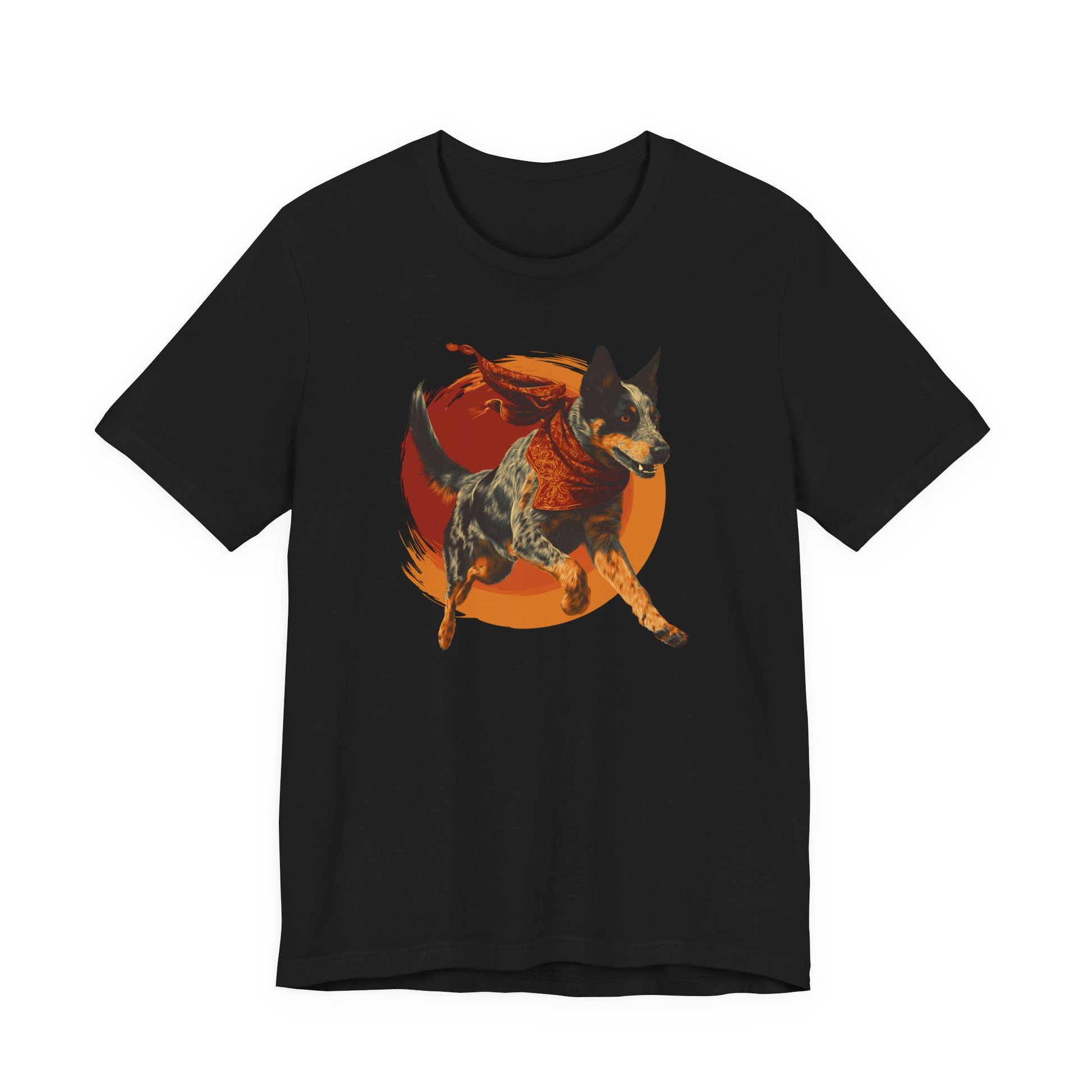 A black short-sleeve crewneck t-shirt featuring a graphic print of an Australian Cattle Dog running in front of a large orange and red sun.
