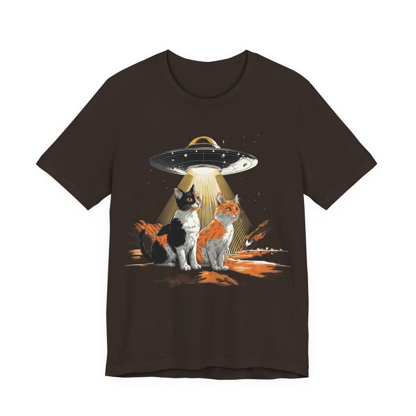Cats & UFO Graphic T-Shirt — Funny Alien Cat Tee, Soft Cotton Crewneck for Cat Lovers