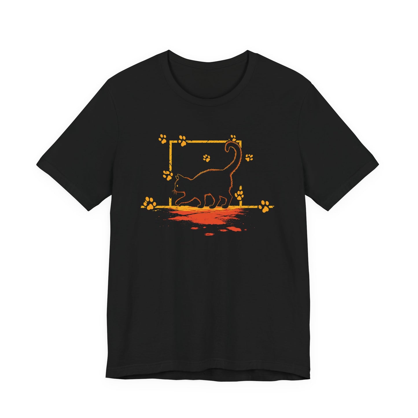 Unknown Feral Cat Night Tee with minimalist black cat line art and glowing orange paw prints