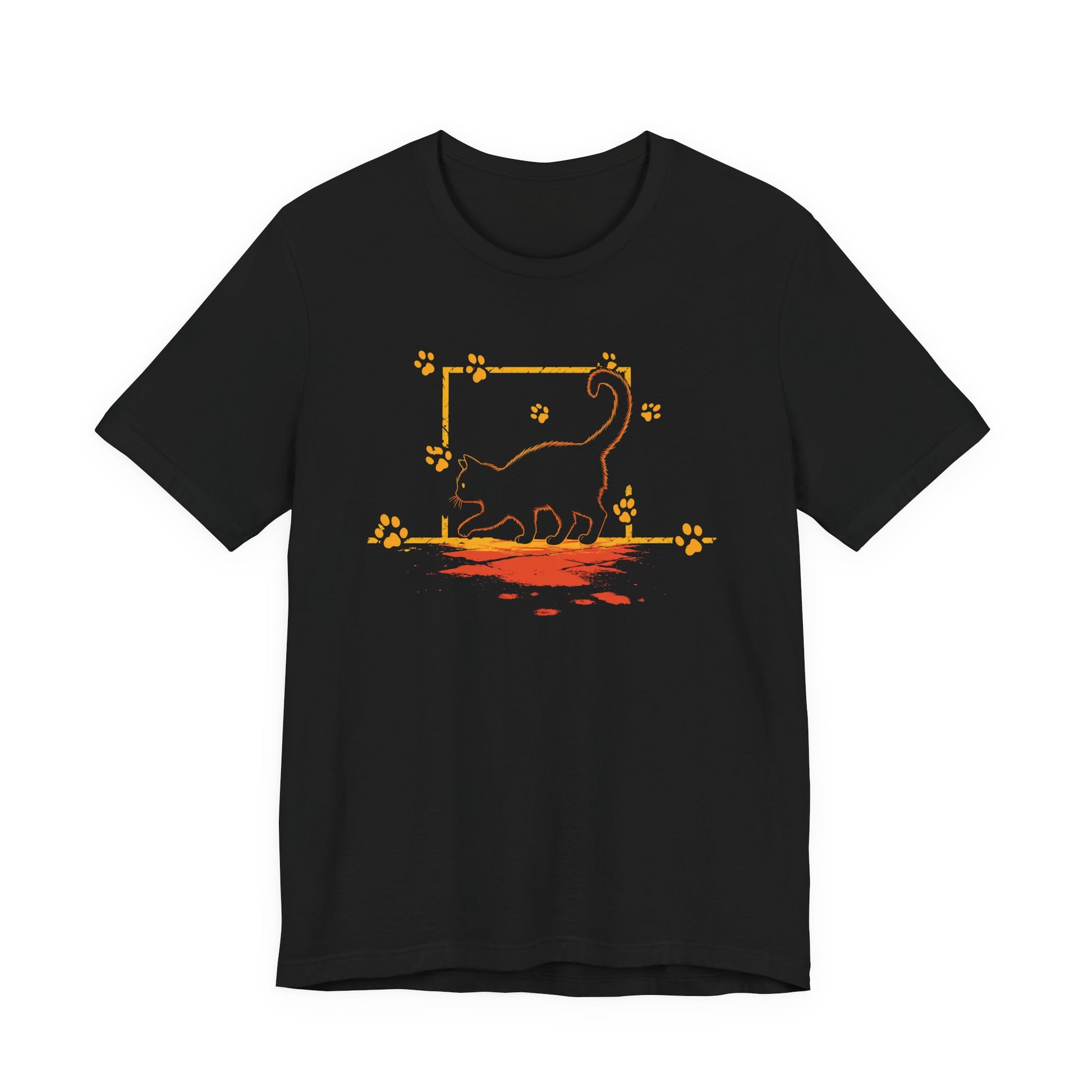 Unknown Feral Cat Night Tee with minimalist black cat line art and glowing orange paw prints