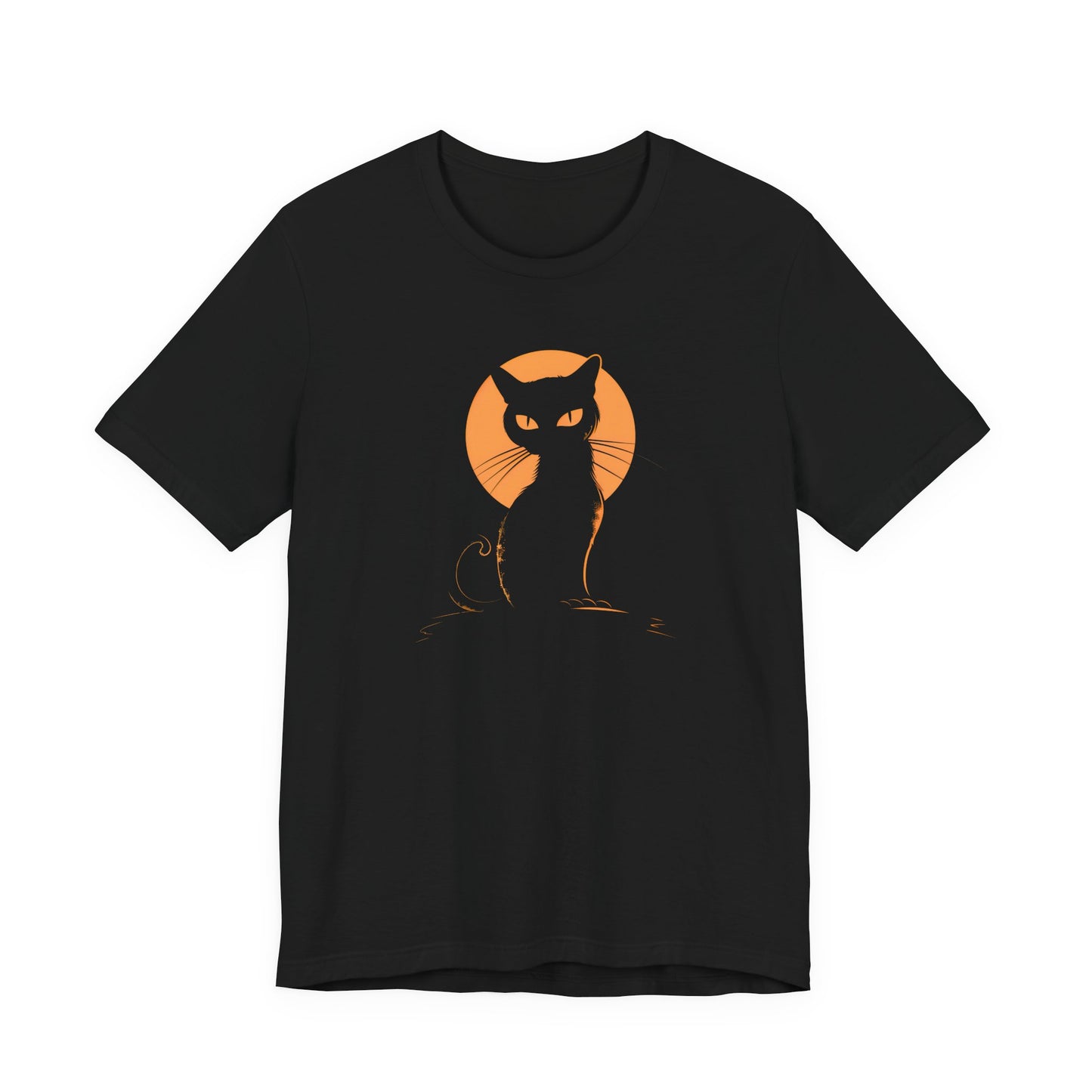 A black short-sleeve crewneck t-shirt featuring a graphic of a black cat silhouette sitting in front of a glowing orange full moon on the chest.