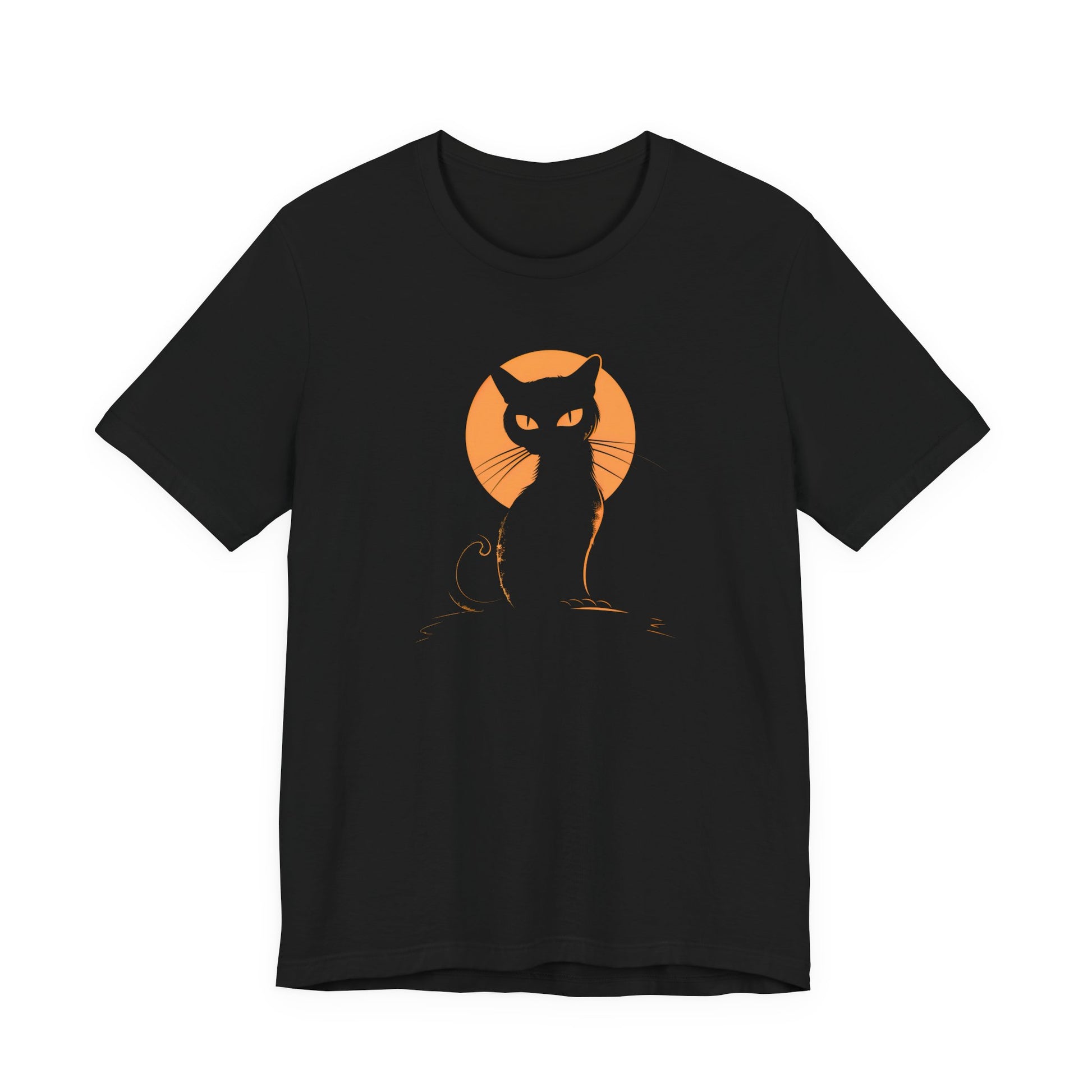A black short-sleeve crewneck t-shirt featuring a graphic of a black cat silhouette sitting in front of a glowing orange full moon on the chest.