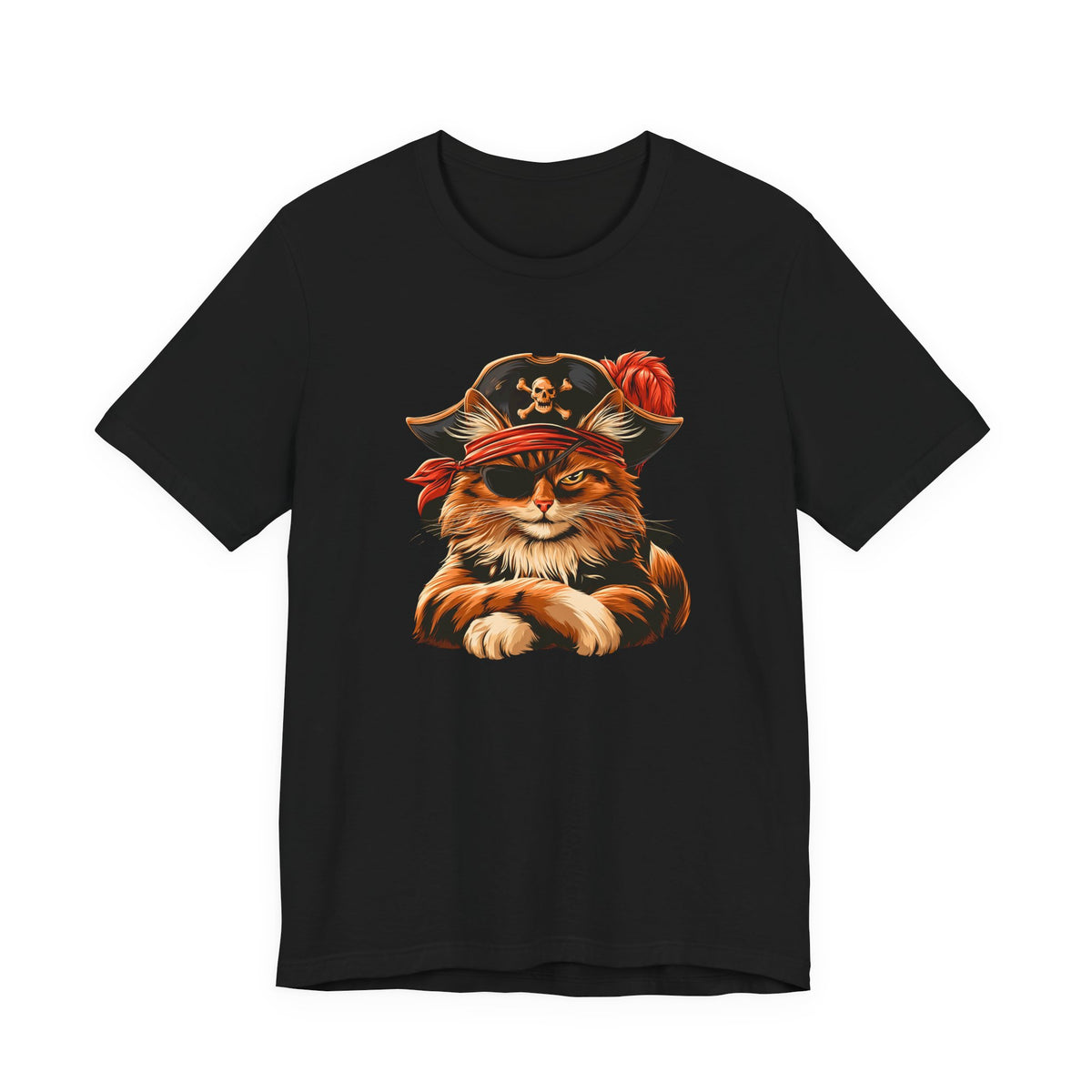 Black t-shirt featuring a pirate cat graphic with a hat and eye patch.