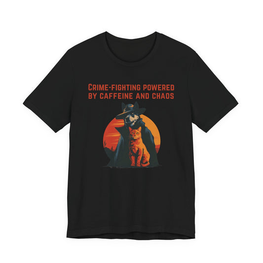 Black retro pet t-shirt with detective dog and orange cat graphic and text reading Crime-Fighting Powered by Caffeine and Chaos.