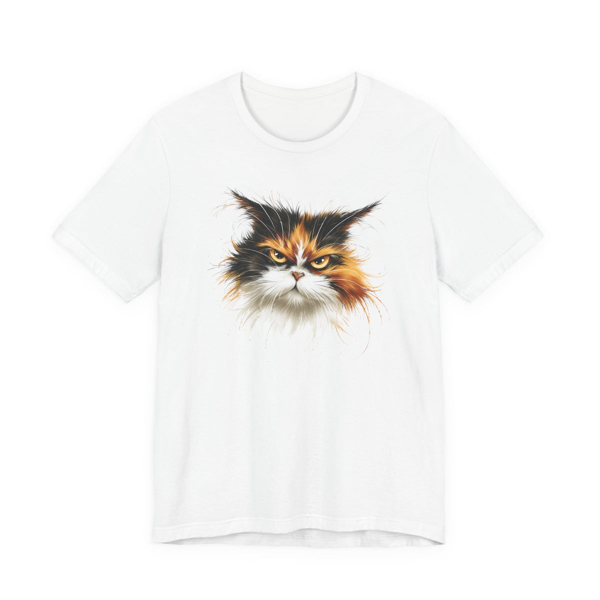 White t-shirt featuring a fierce calico cat graphic design.