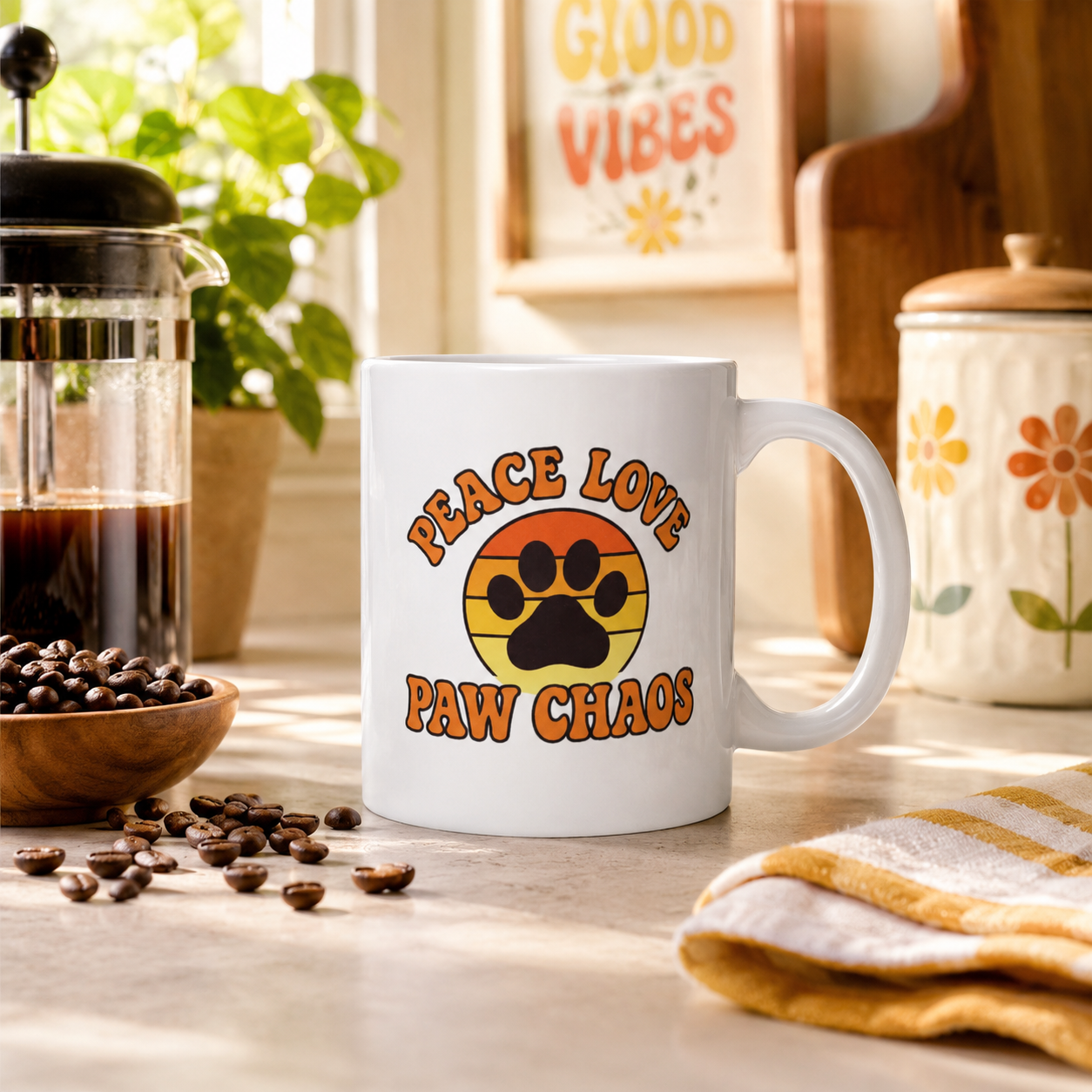 White mug with 'Peace Love Paw Chaos' design on a kitchen counter with coffee beans and a French press.
