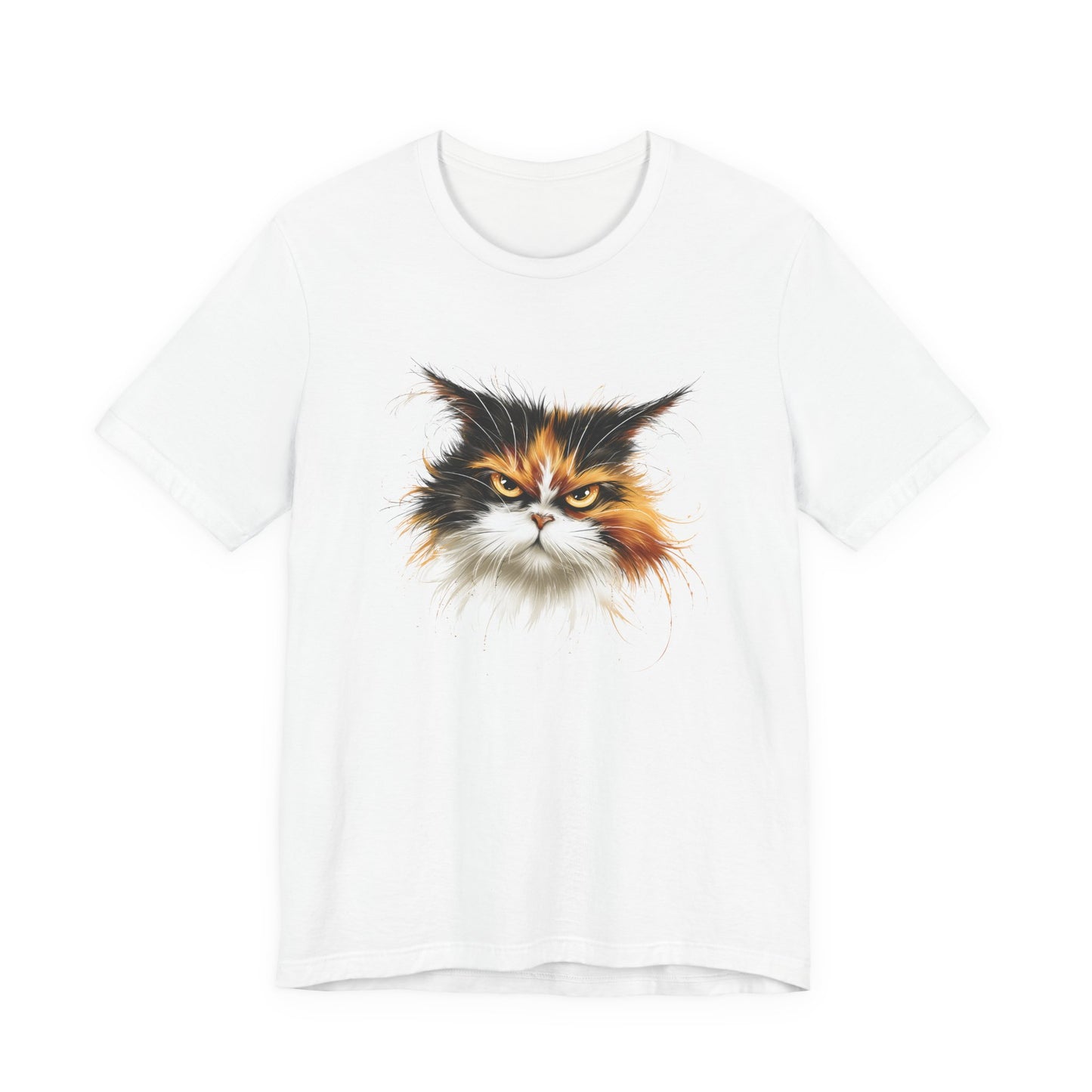 Grumpy Calico Rescue Tee with detailed angry calico cat portrait on White unisex shirt