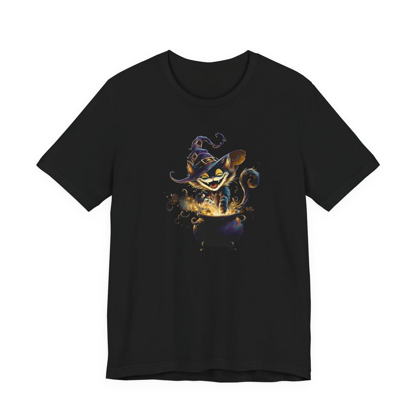 Black t-shirt with a smiling black cat on yellow and blue graphic design on a white background