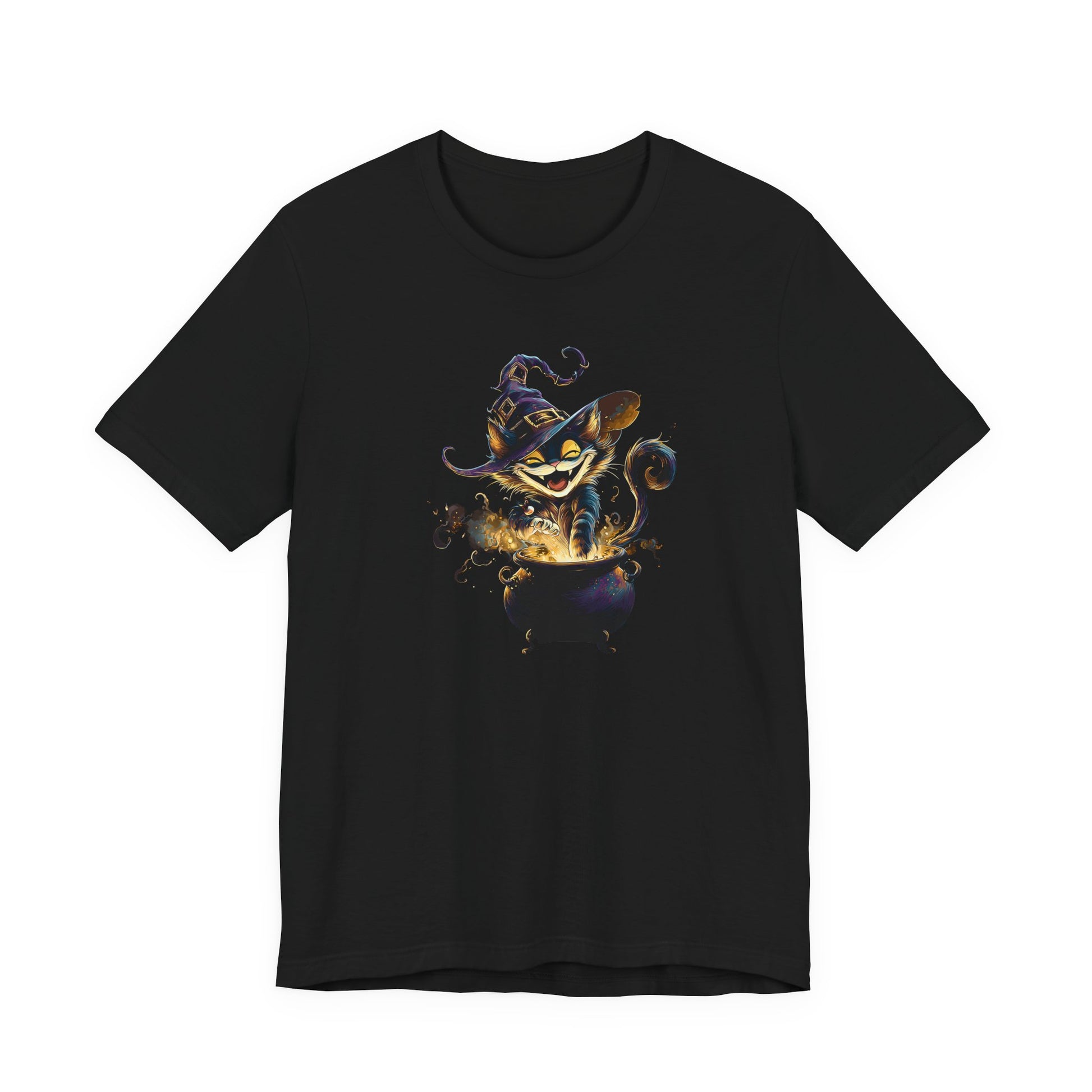 Black t-shirt with a smiling black cat on yellow and blue graphic design on a white background