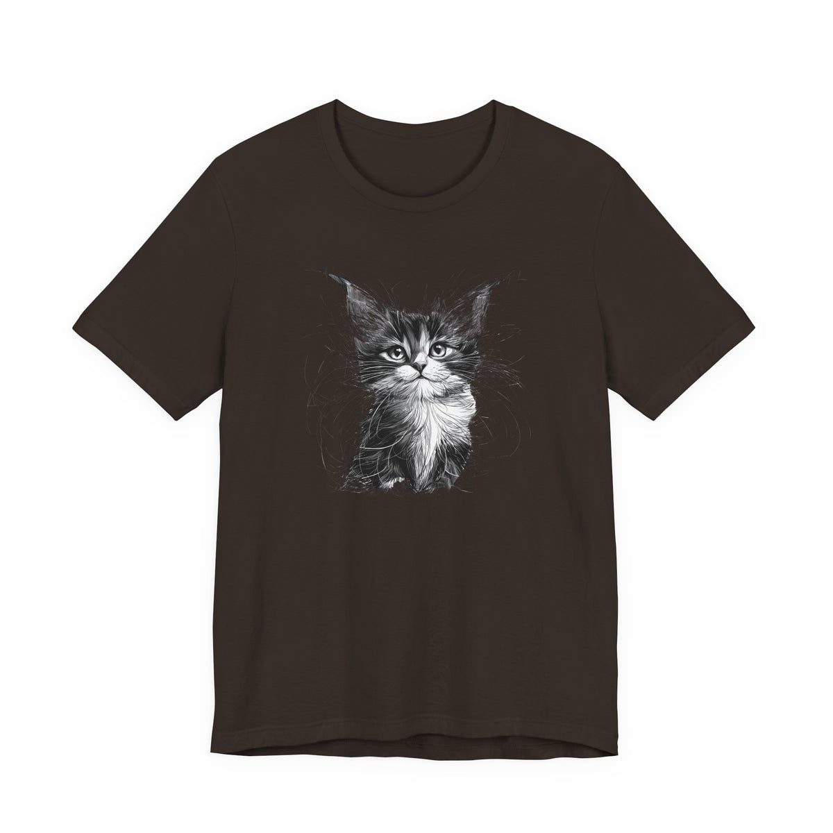 Black t-shirt with a sketch of a kitten on the front.