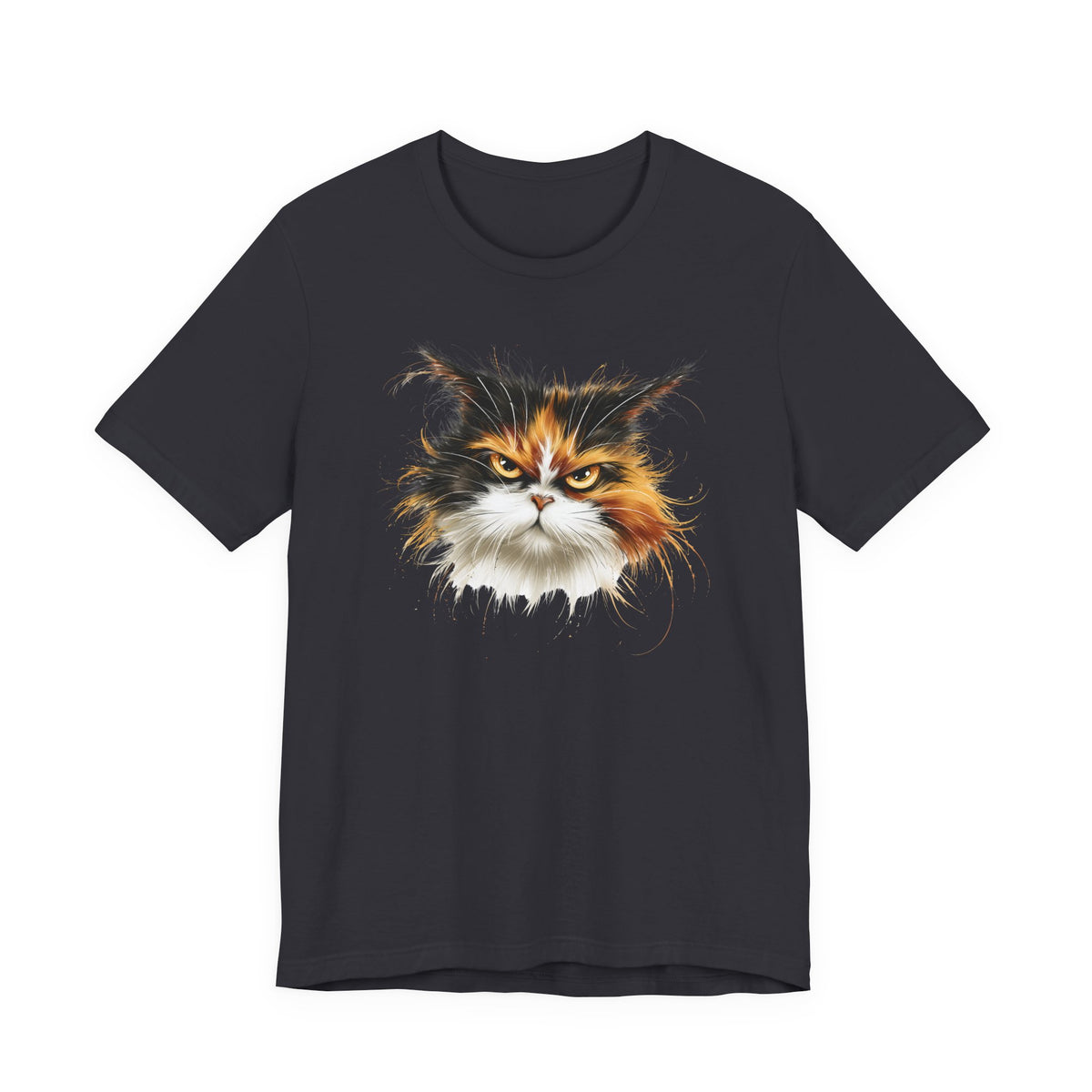 Graphic tee featuring a fierce calico cat face on a black shirt.