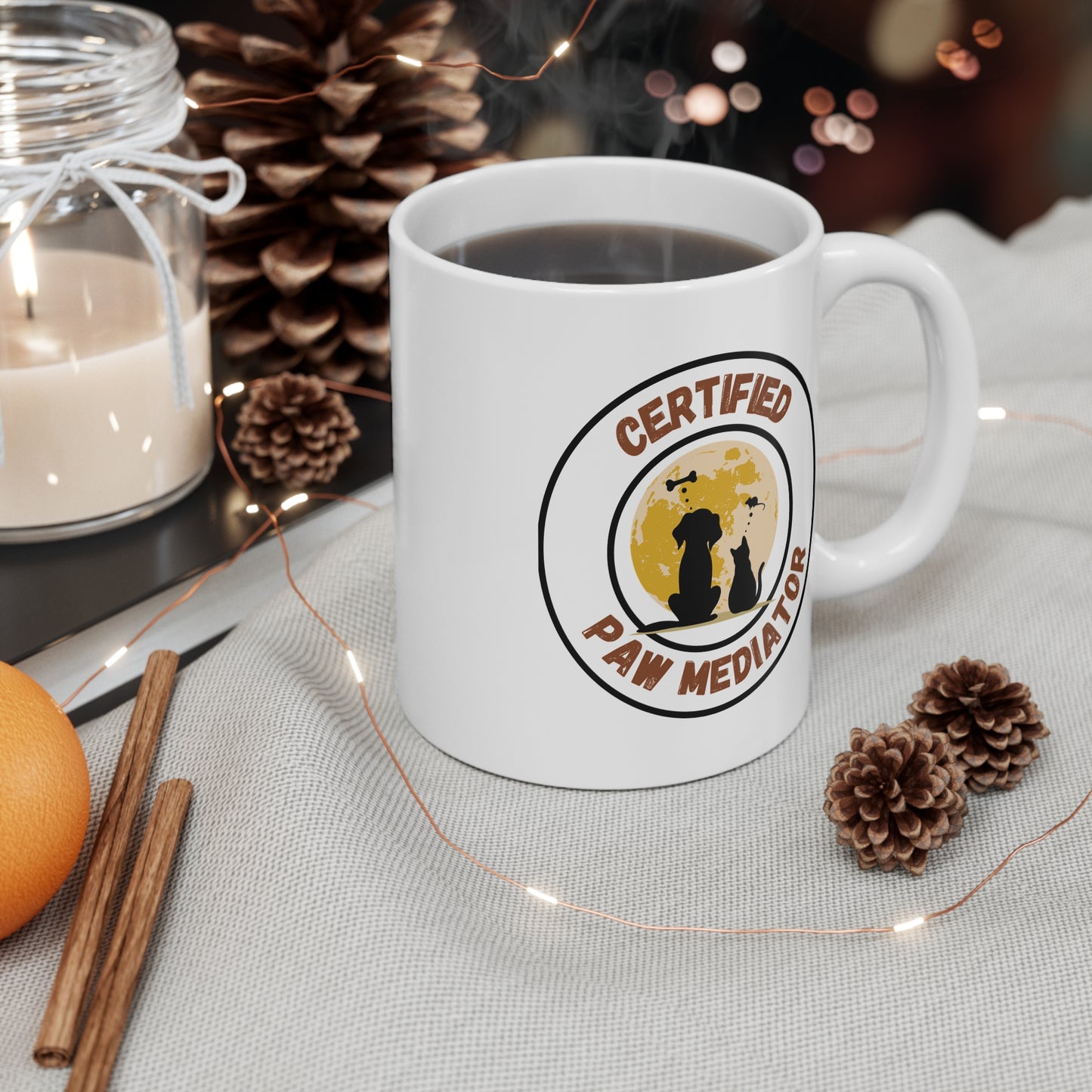 White mug with 'Certified Paw Mediator' design on a wooden table.11oz Coffee Mug
Funny Coffee Cup
Pet Humor Mug
Pet Lover Merch
Animal Themed Gifts
Cute Pet Merch
Coffee Mug Gift
Funny Pet MugPet Parent
Animal Lover
Multi Cat Household
Cat Lover Gifts
Pet Lover Gifts