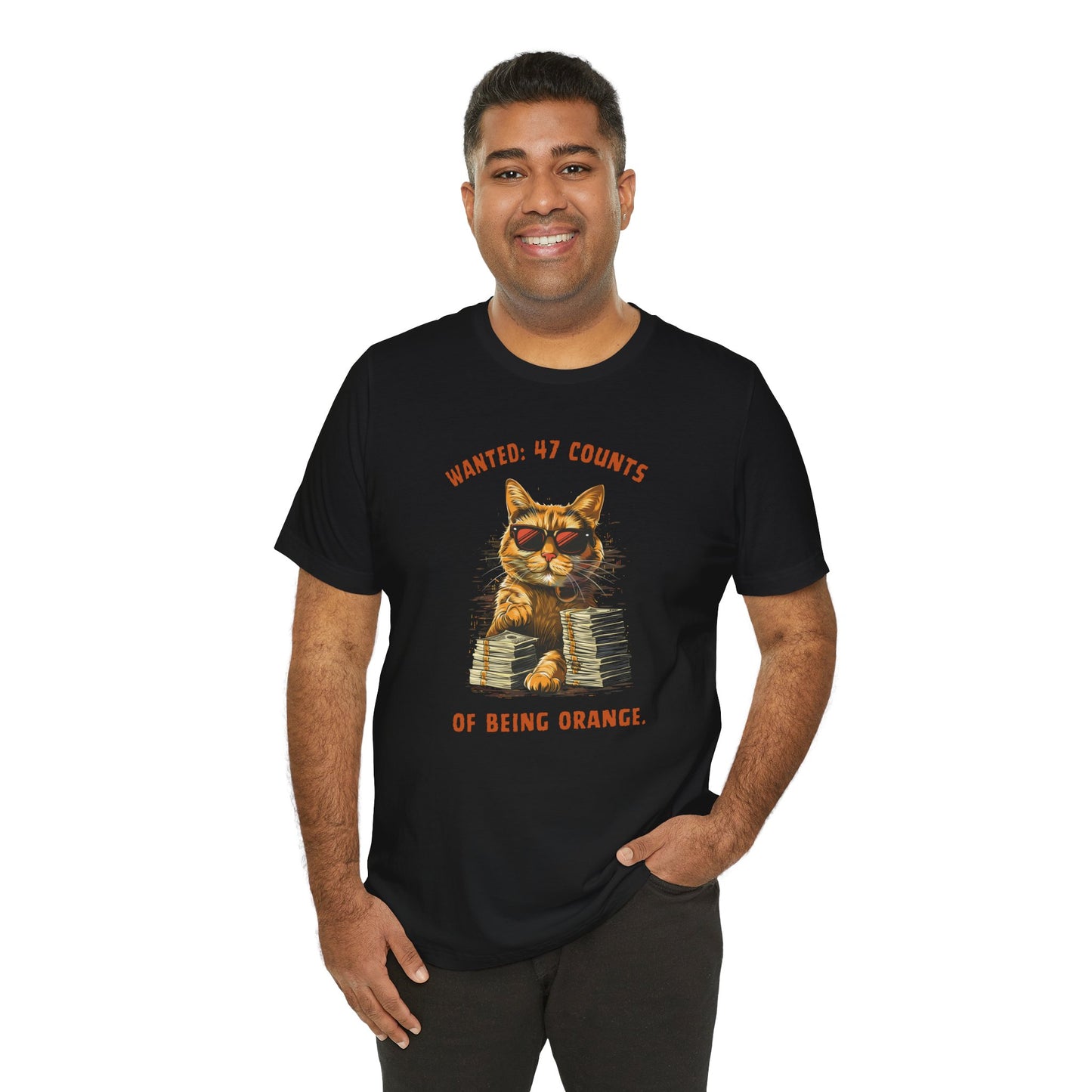 Cat With Sunglasses T‑Shirt - “Wanted: 47 Counts of Being Orange” Cat Graphic Tee