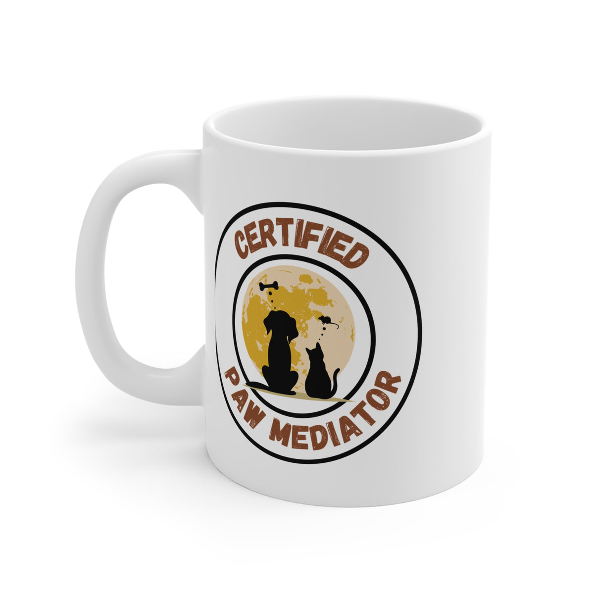 White mug featuring a design with a dog and cat silhouette, text 'Certified Paw Mediator' and a moon.