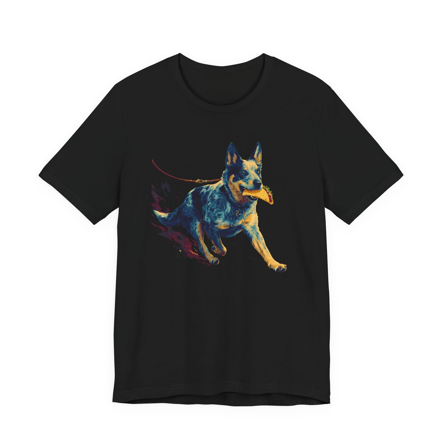 A black short-sleeve crewneck t-shirt featuring a colorful graphic print of a Australian cattle dog running while holding a yellow ball in its mouth, shown against a plain white background.