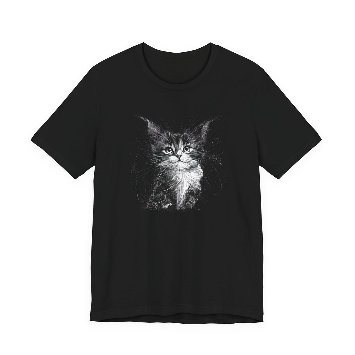 Black t-shirt showcasing a kitten sketch design.