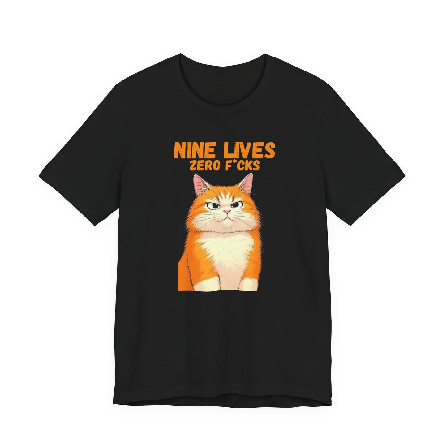Close up of ginger cat illustration and Nine Lives Zero F*cks quote