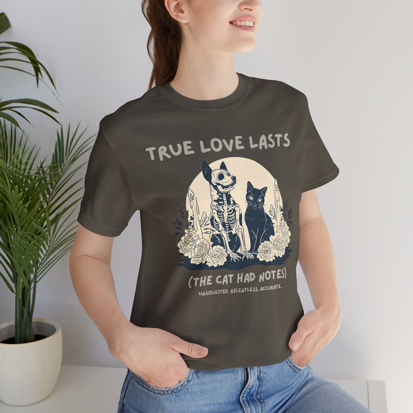 True Love Lasts T-Shirt — Dark Romance Skeleton & Cat Graphic Tee