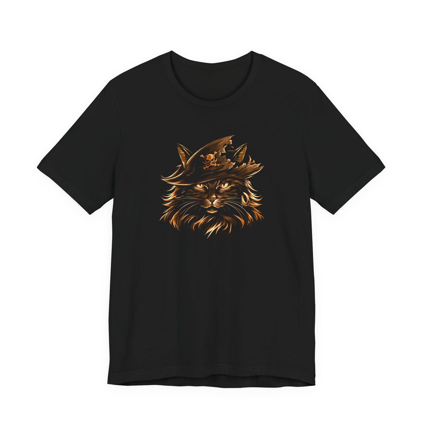 Black tee featuring a whimsical cat design with a pirate hat and earring