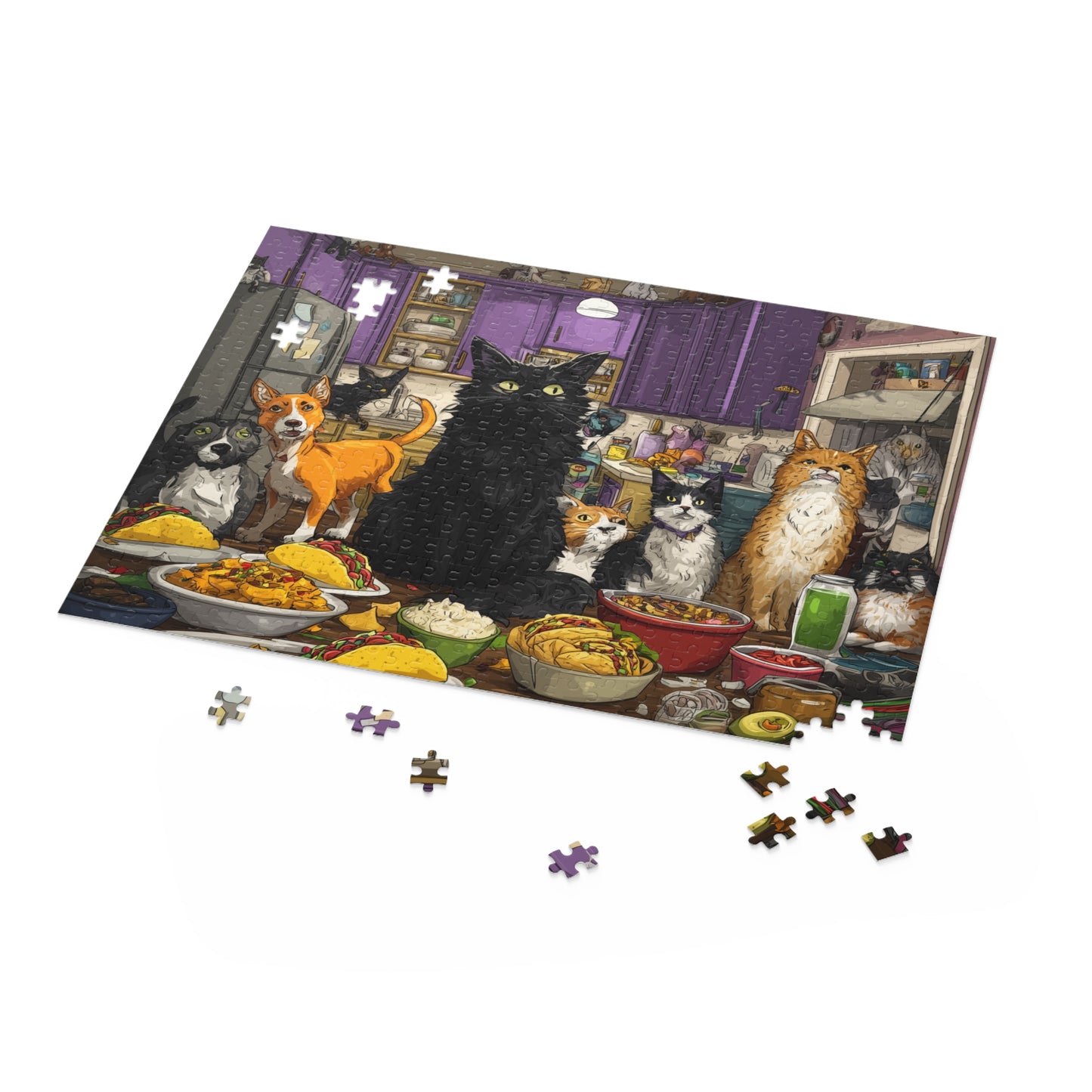 Jigsaw puzzle with cats and dogs around a table on a white background