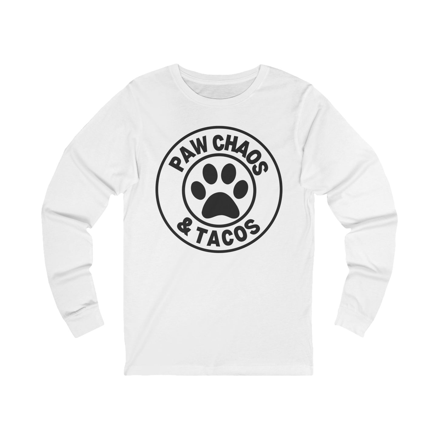 Paw Chaos & Tacos Long Sleeve T-Shirt, Funny Dog and Cat Lover Tee, Unisex Pet Humor Shirt, Taco Lover Gift for Pet Parents