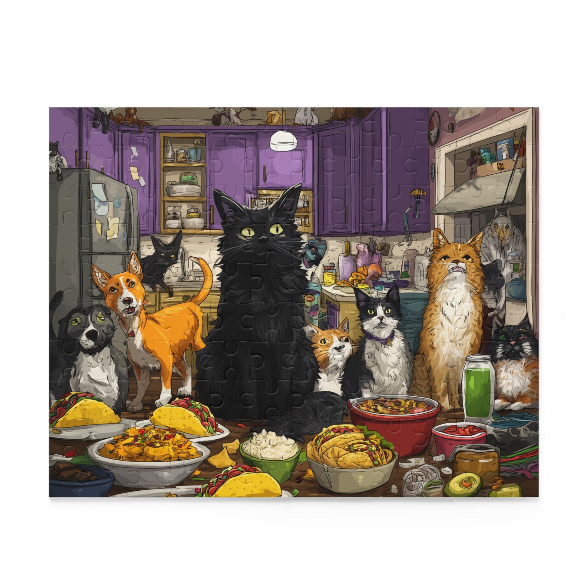 Jigsaw puzzle with cats and dogs in a kitchen setting, featuring various food items on the table.