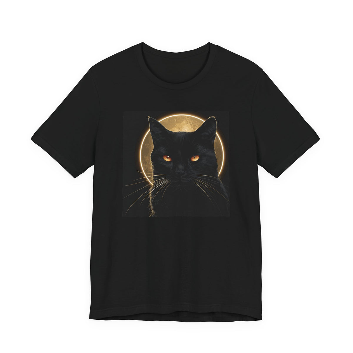 Black t-shirt displaying a graphic of a black cat with glowing eyes and a full moon background.