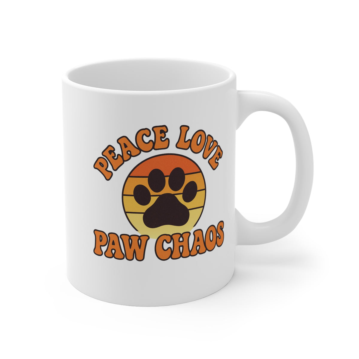 White mug displaying 'Peace Love Paw Chaos' text with a paw print in a retro style.