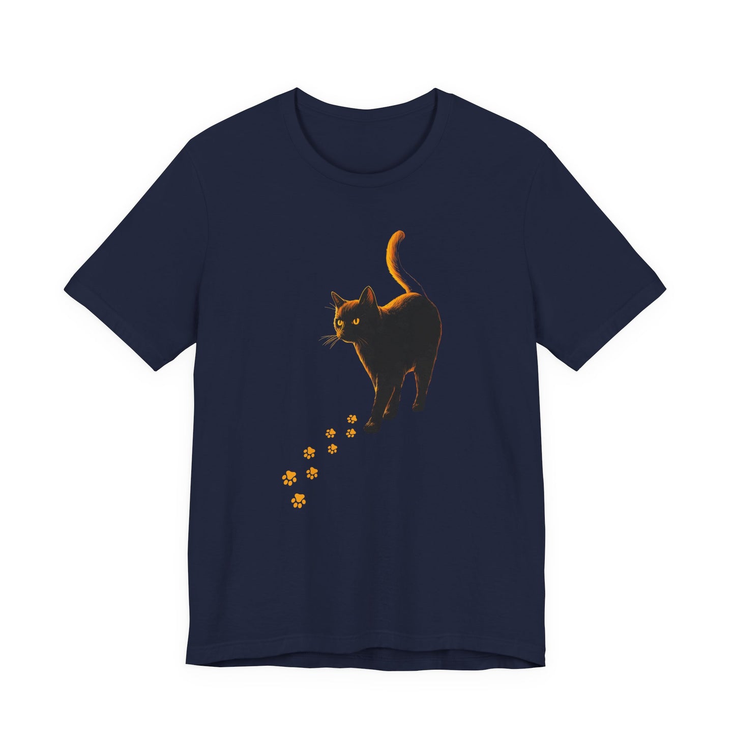 Black Cat Feral Knows All Tee Big Alibi witchy navy cat shirt with glowing golden paw prints