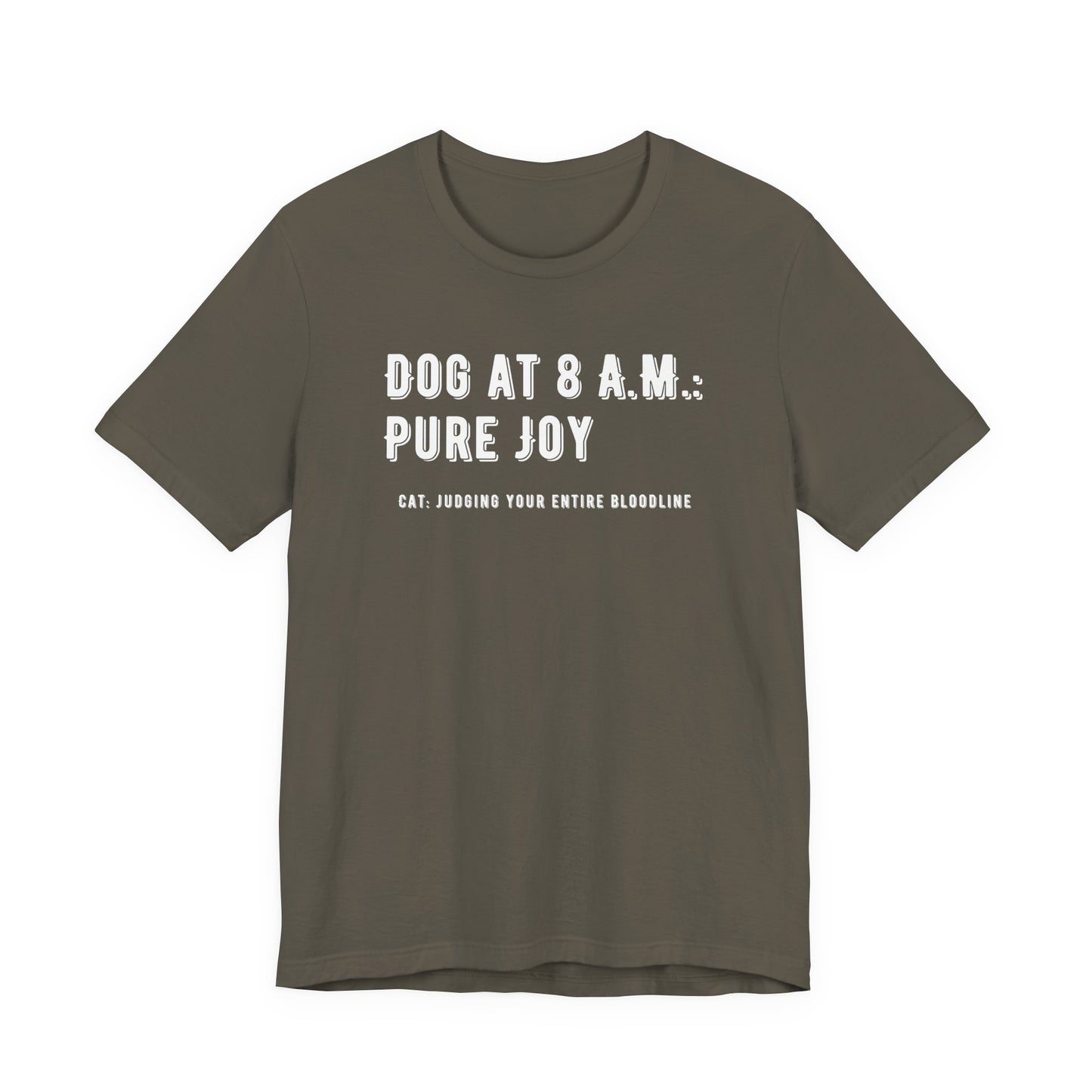 Close-up of funny dog vs cat rivalry quote on t-shirt