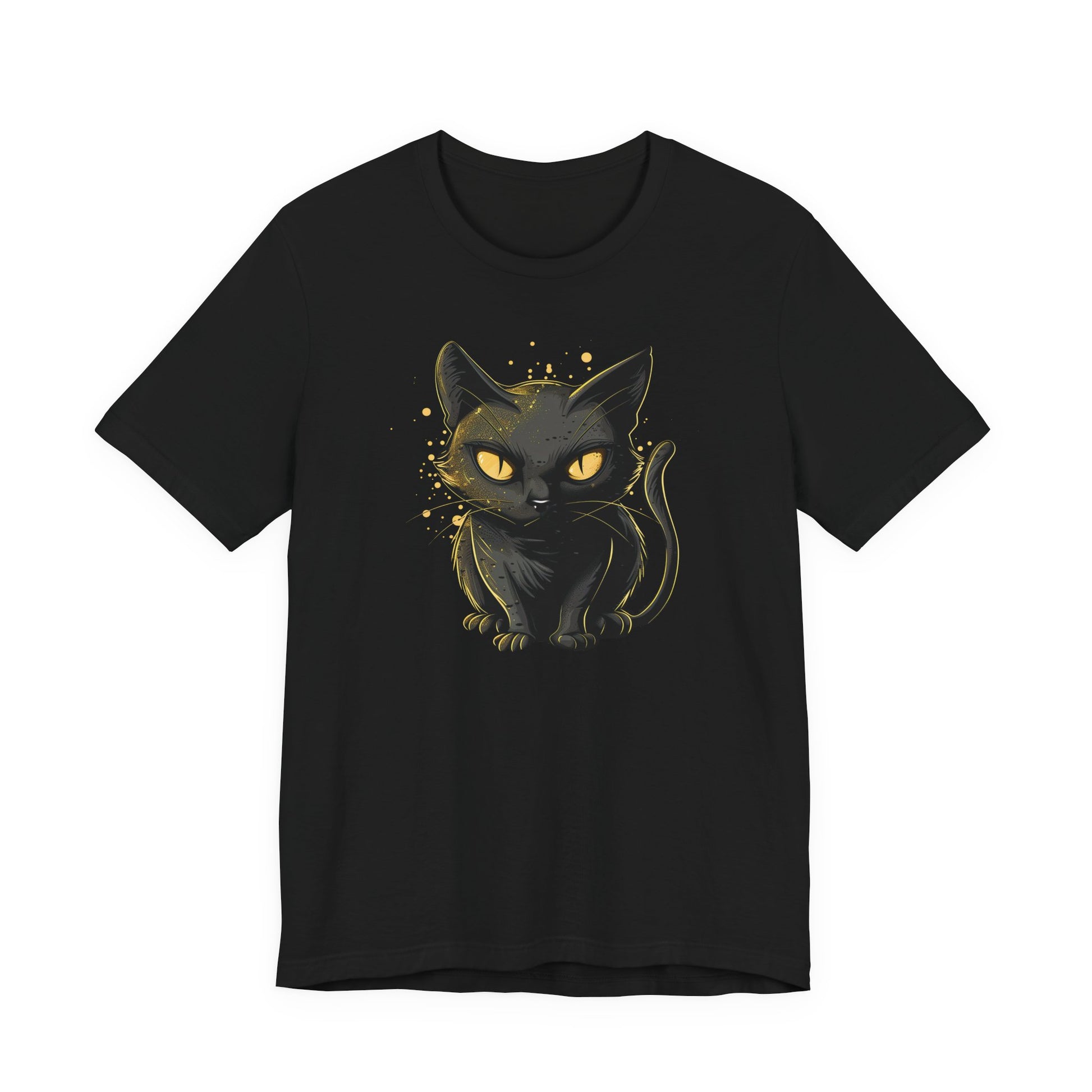 black graphic t-shirt featuring a black cat with glowing yellow eyes.