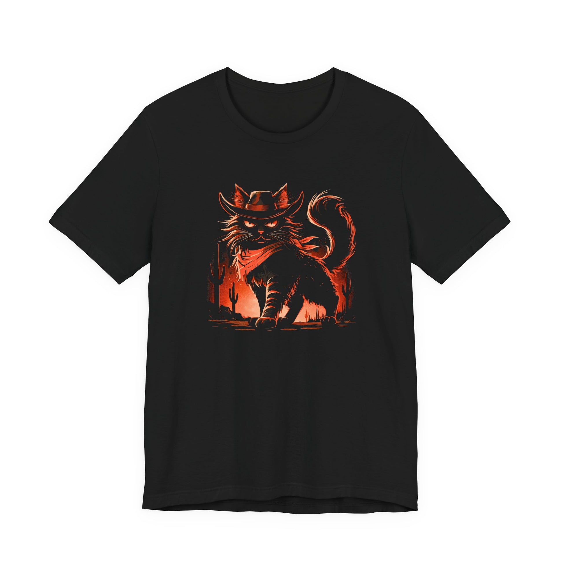 Black tee featuring a cowboy cat graphic, displayed on a plain background.