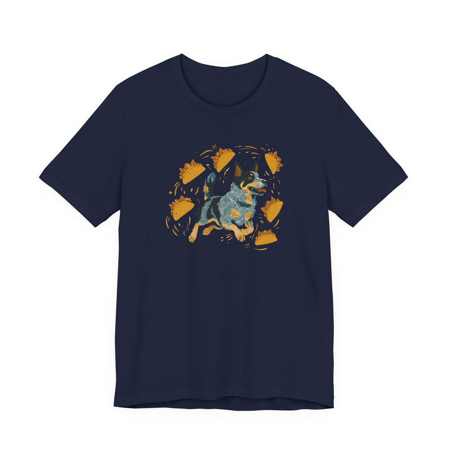 A navy blue short-sleeve crewneck t-shirt featuring a graphic print of a cattle dog running in a circle surrounded by golden cheese wedges on a white background.