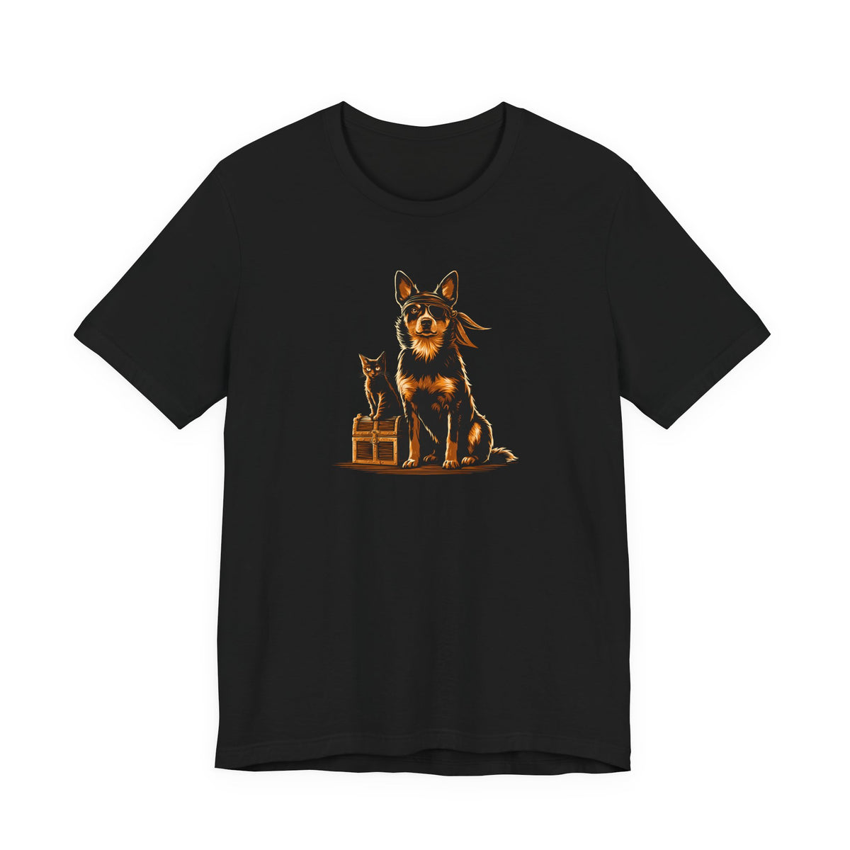 Black tee featuring a dog with an eye patch and a cat on a crate, illustrated in warm tones.