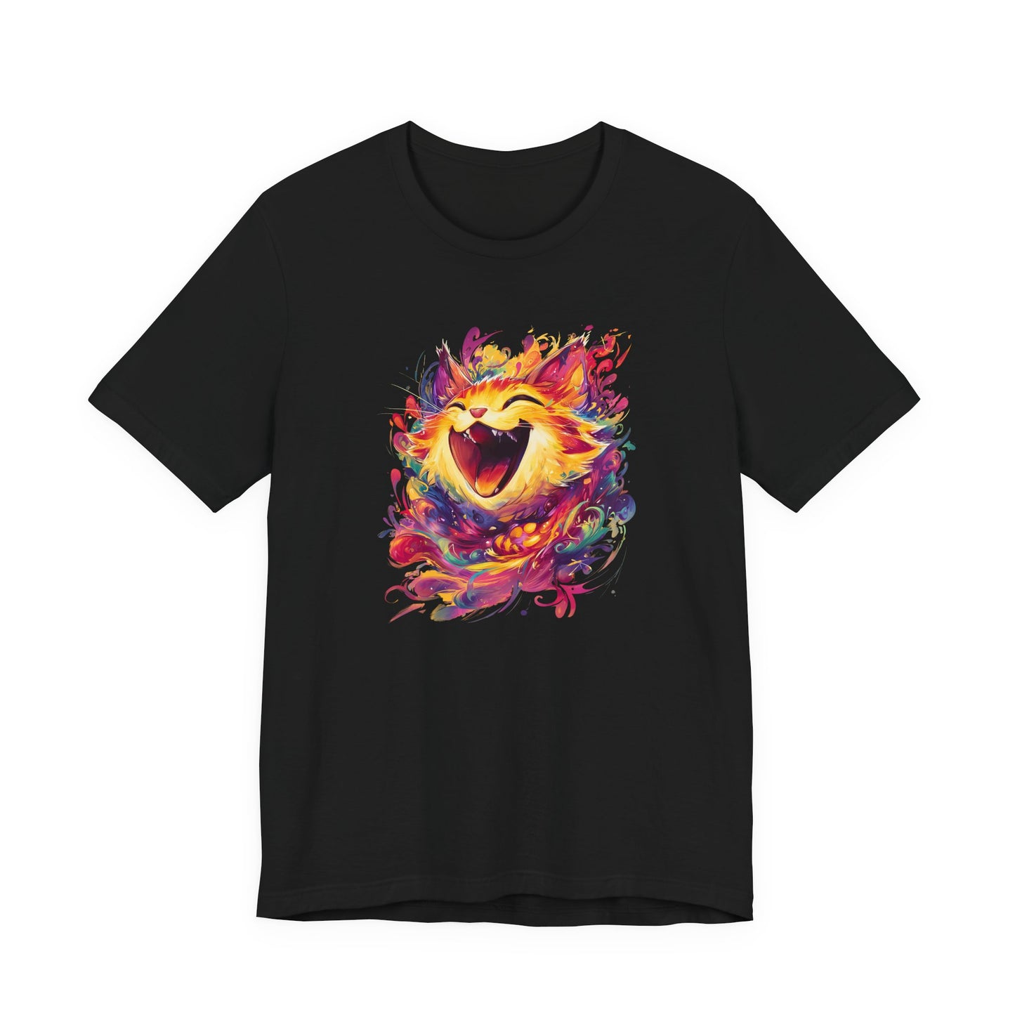 Black t-shirt with a colorful graphic print of a laughing, smiling cat face in a vibrant watercolor splatter style on the chest.
