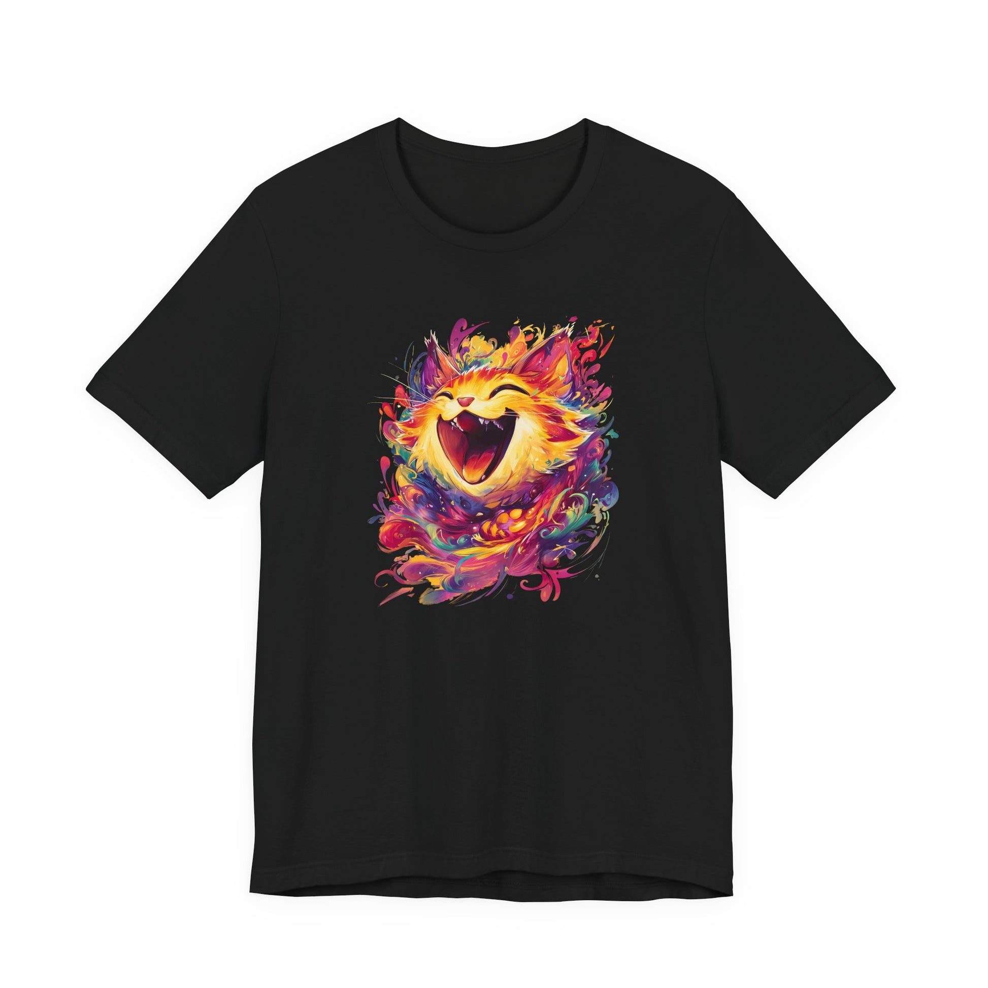 Black t-shirt with a colorful graphic print of a laughing, smiling cat face in a vibrant watercolor splatter style on the chest.