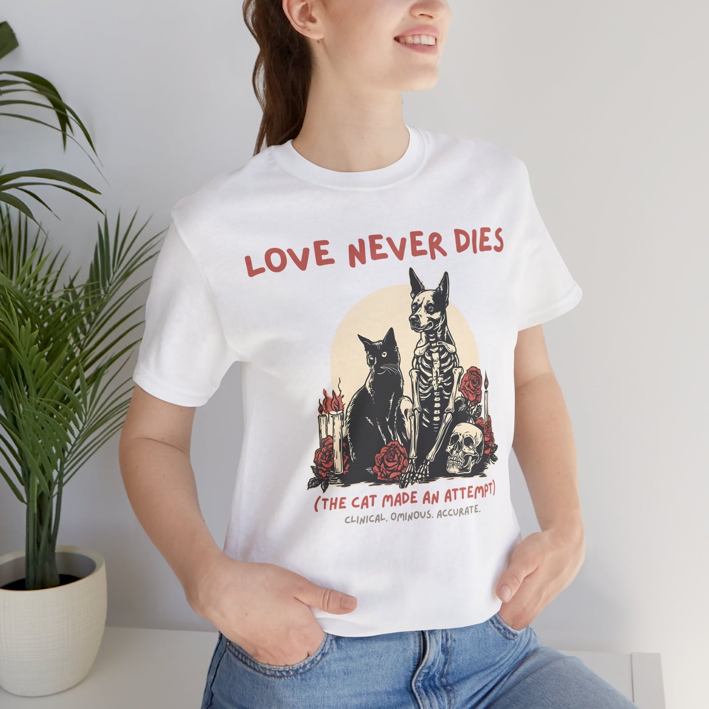 Love Never Dies (The Cat Made an Attempt) Shirt | Gothic Black Cat Skeleton Floral Tee