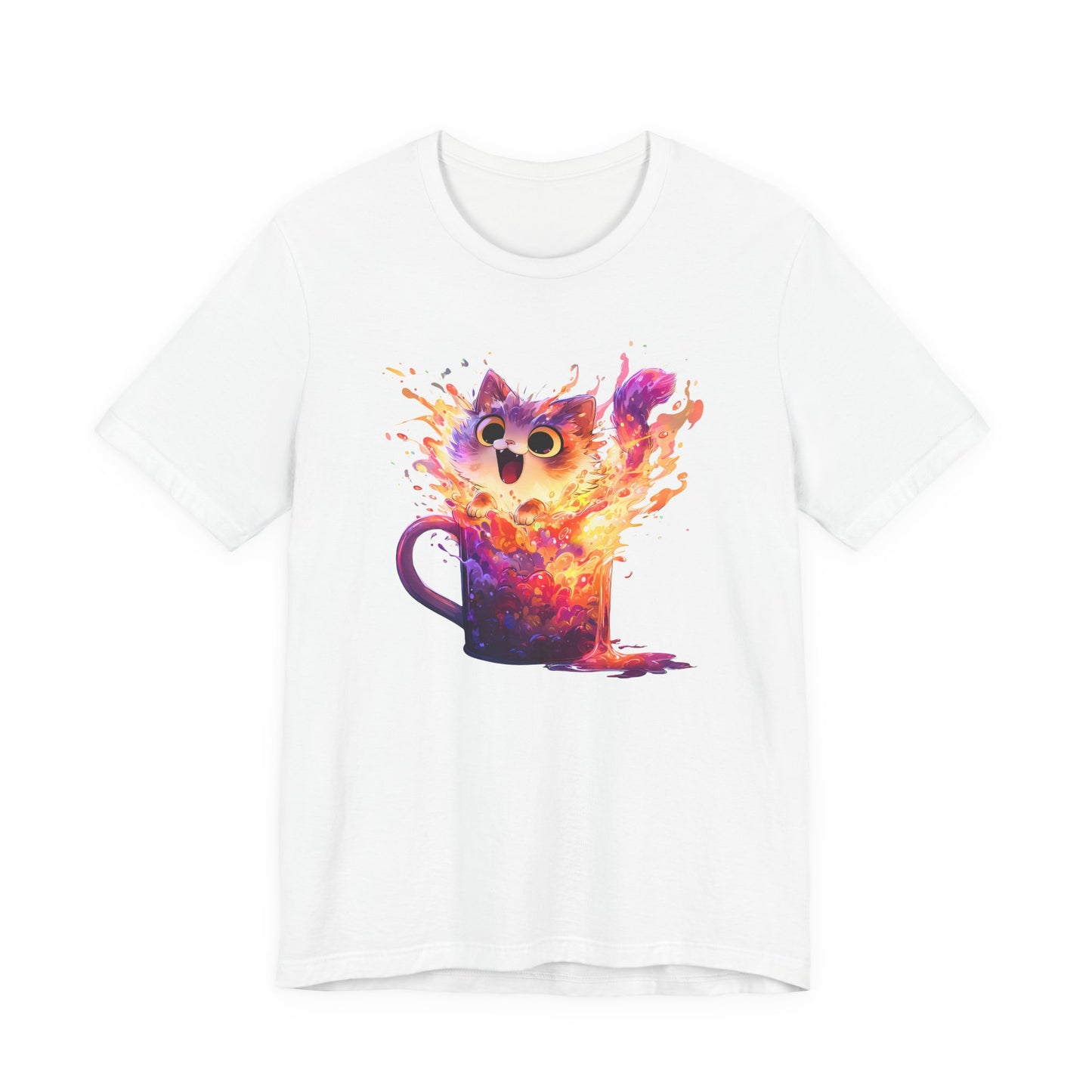A white short-sleeve crewneck t-shirt featuring a colorful graphic print of an owl bursting from a mug with a vibrant watercolor splash effect in shades of orange, yellow, purple, and pink.