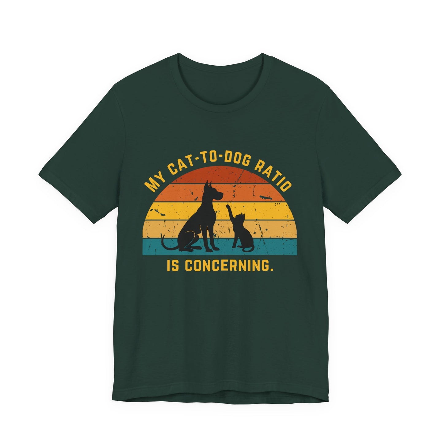 A green My Cat-to-Dog Ratio Is Concerning shirt with a black dog and a cat on it.